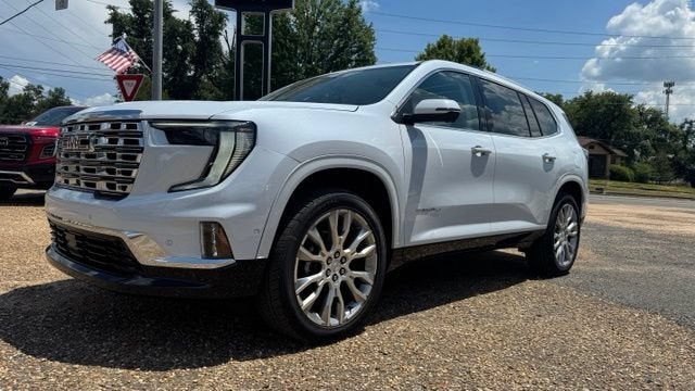 2026 GMC Acadia Denali in Glacier White Tricoat — front three-quarter view